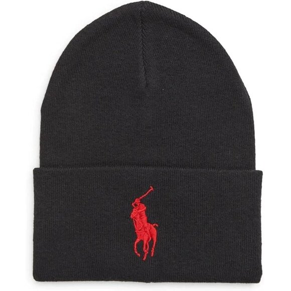 Polo Ralph Lauren Fall Winter Cuffed Acrylic Beanie Solid Big Logo Black Red - Picture 1 of 5